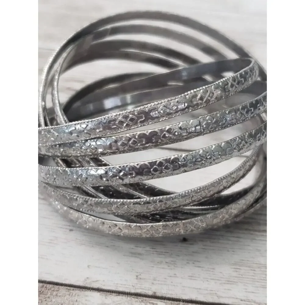 Vintage Bracelets / Bangles - Interlocking Patterned Silver Tone - Statement
